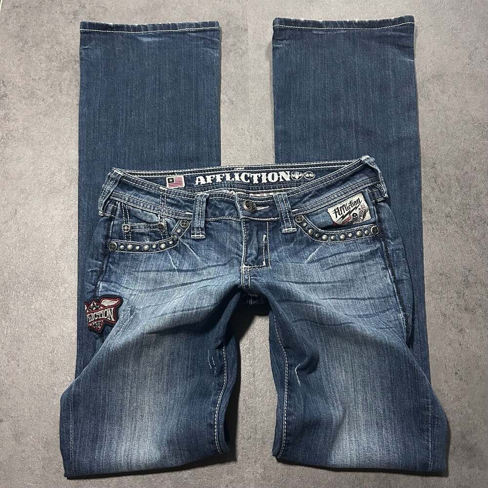 Affliction Women's Studded Bootcut Jeans with Embroidered Patches Size 26